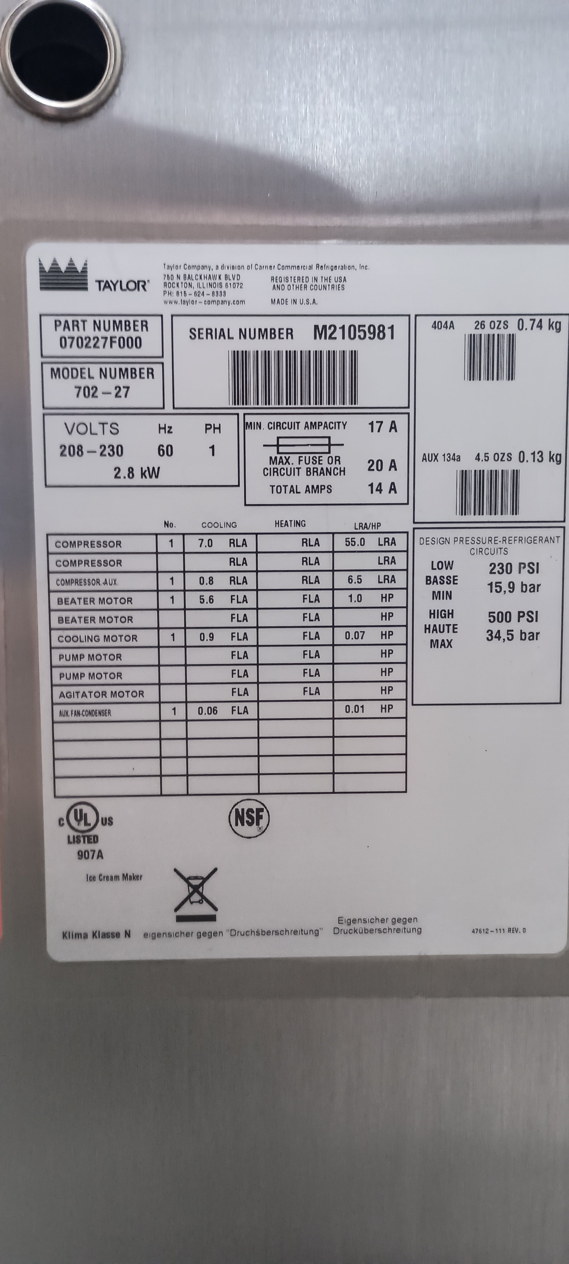 2012 Taylor 702-27 – Air Cooled – 1-Phase (220V) – SN: M2105981