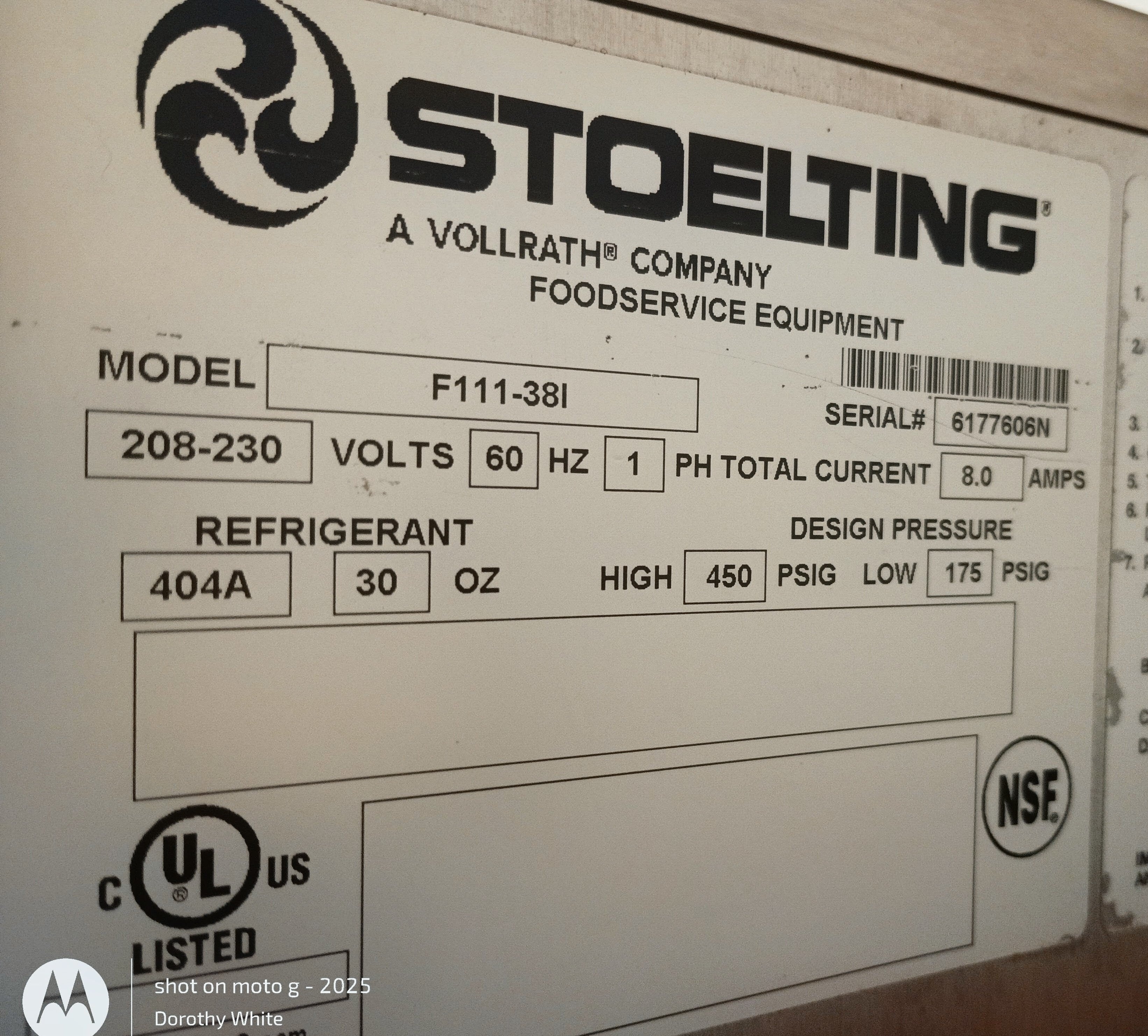 2016 Stoelting F111-381 – Air Cooled – 1-Phase (220V) – SN: 50740810K