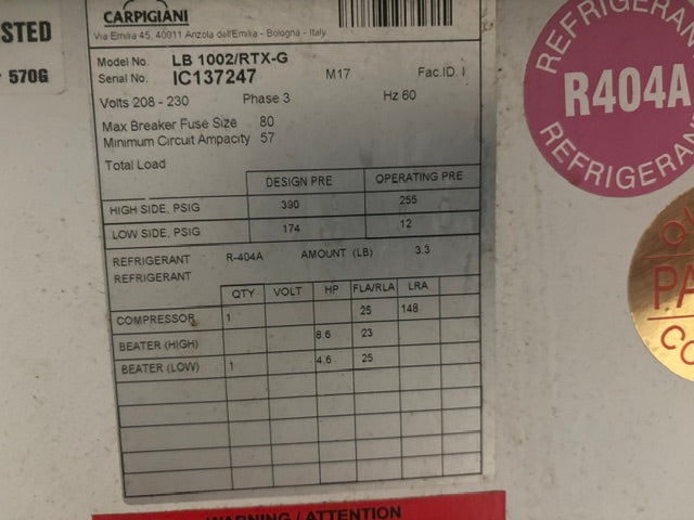 2017 37qt Carpgiani LB1002-RTX-G  Batch Freezer