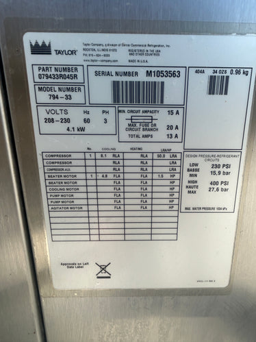 2011 Taylor 794-33 3Ph Water Cooled
