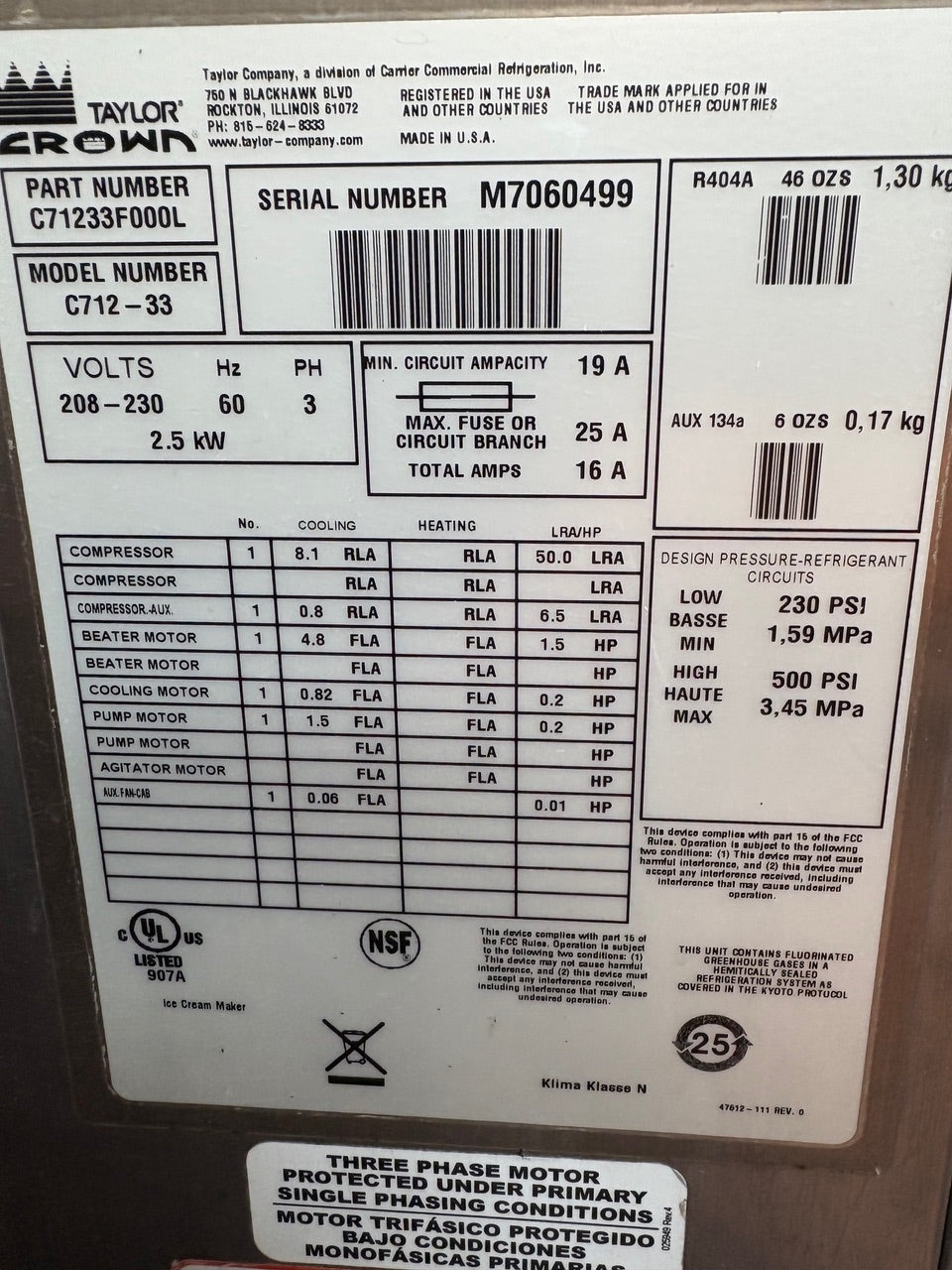 2018 Taylor C712-33 3 phase Air Cooled Pump Machine