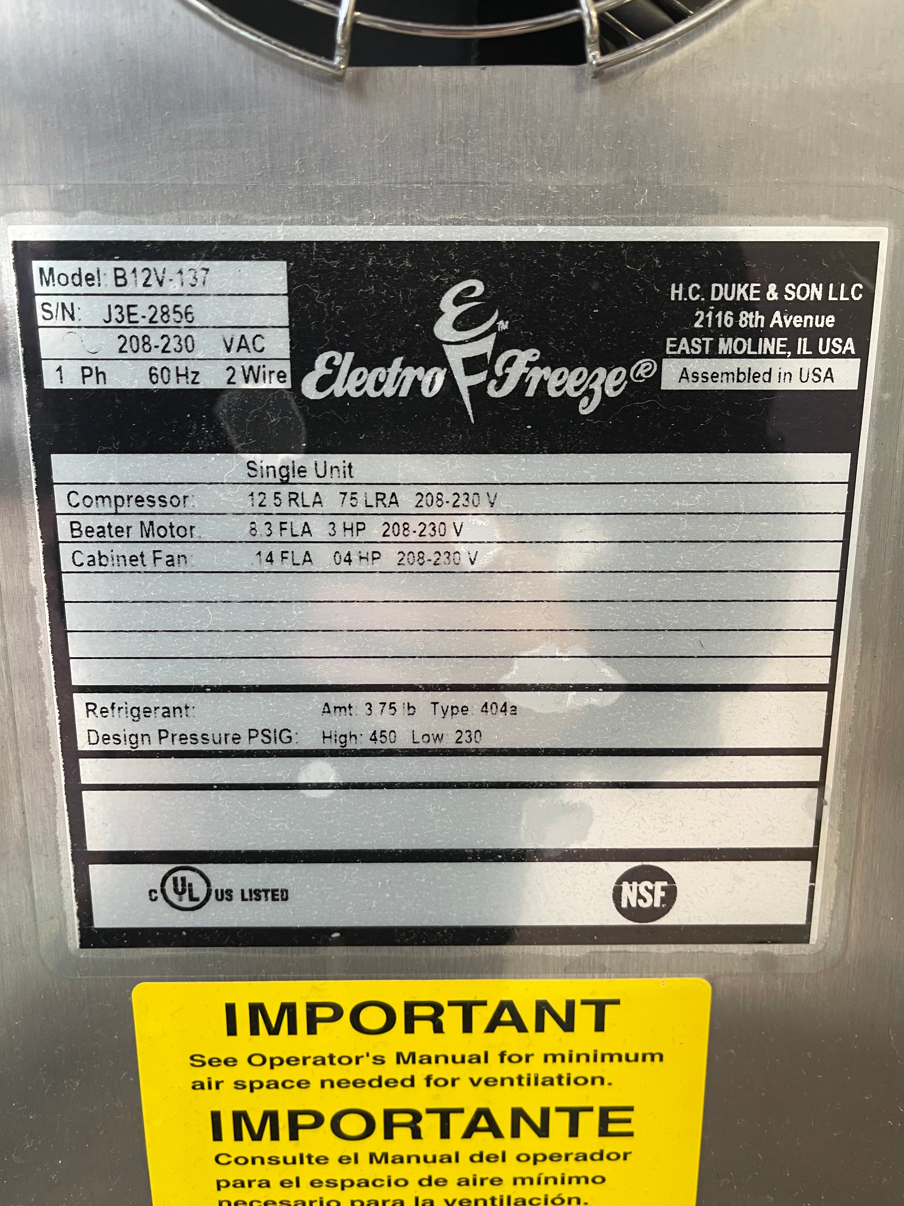 2022 Electro Freeze B12V Water Cooled 1-Phase SN: J3E-2856