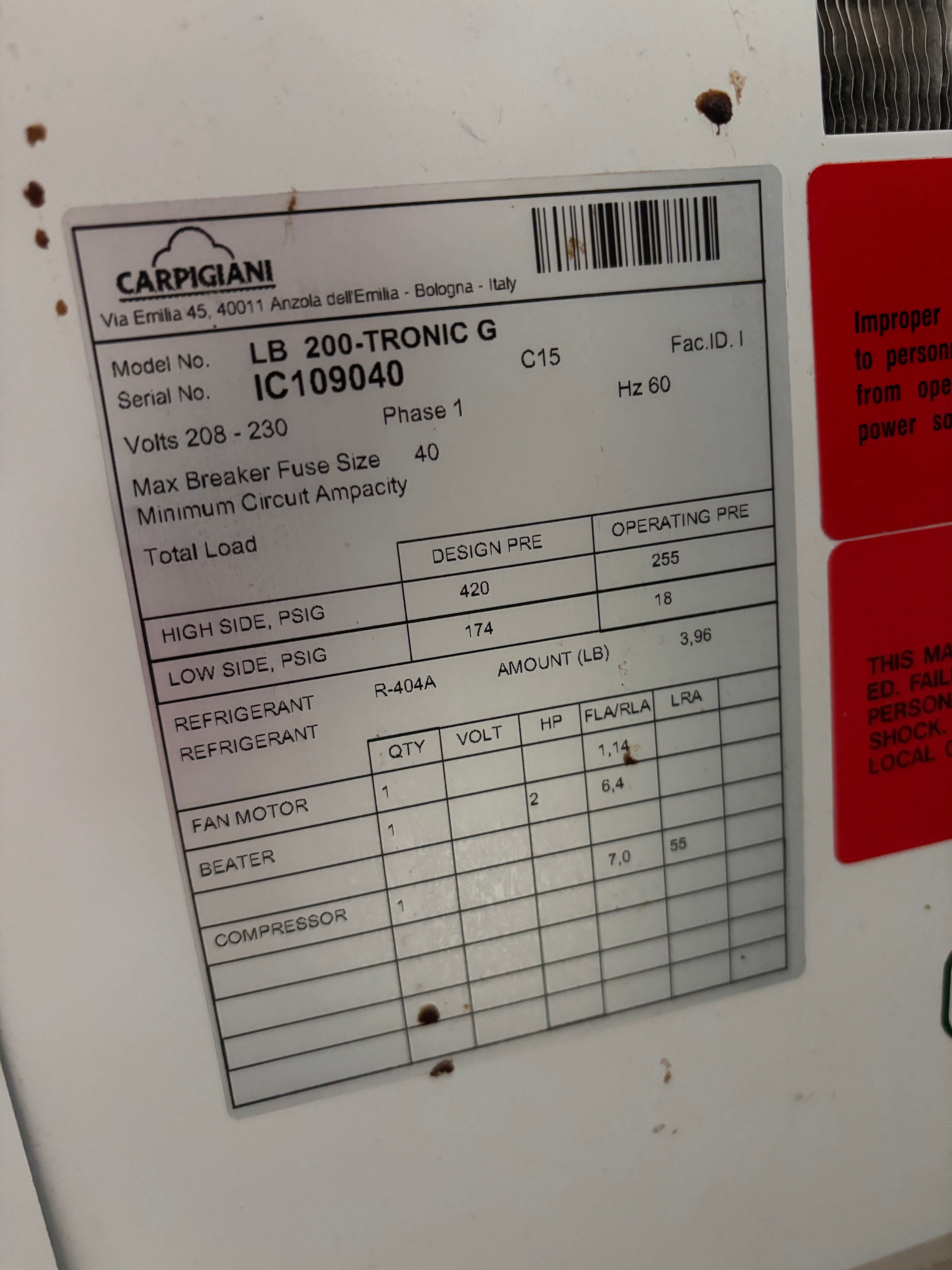 2015 Carpigiani LB200G Tronic 1ph air&nbsp;