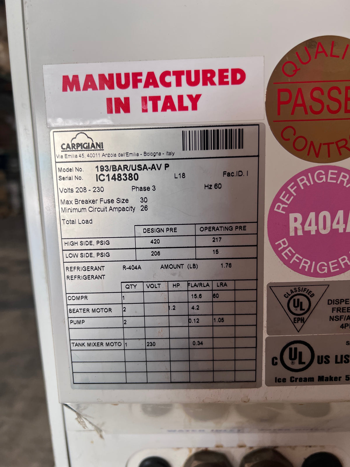 2018 Carpigiani 193/BAR/USA-AV P – Water Cooled – 3-Phase  IC148380