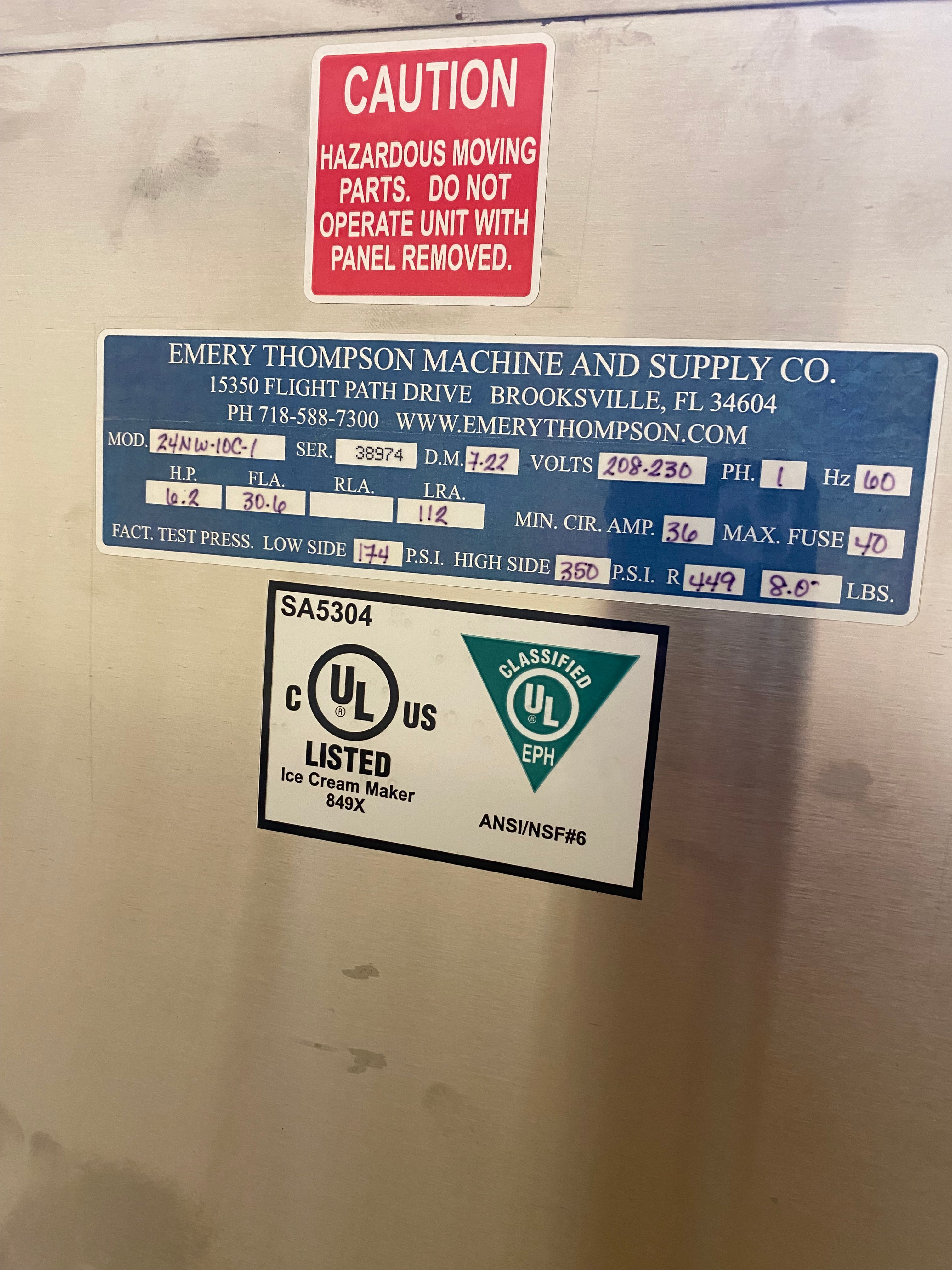 2022 Emery Thompson 24NW-IOC-1 Single Phase Water Cooled Batch Freezer