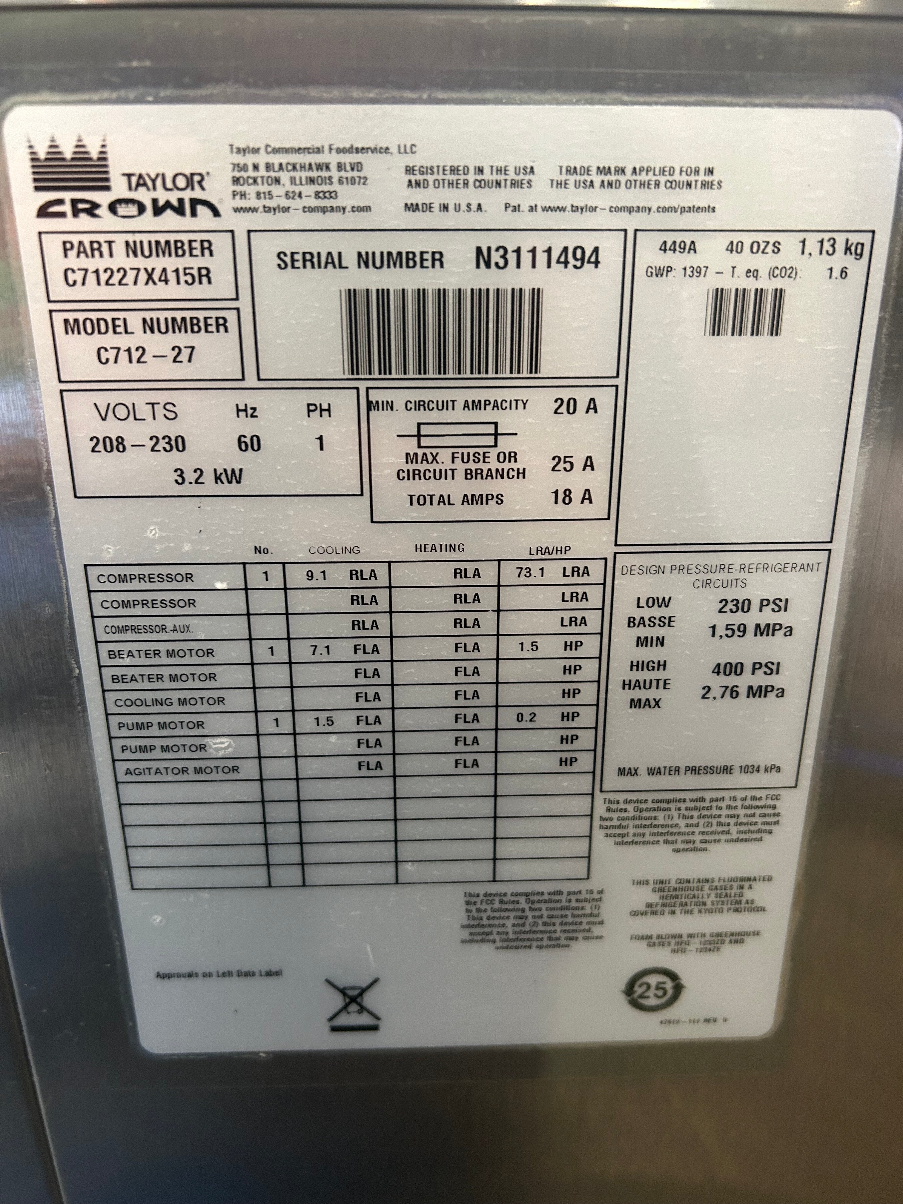 2023 like new Taylor C712-27 1ph water cooled with air pumps