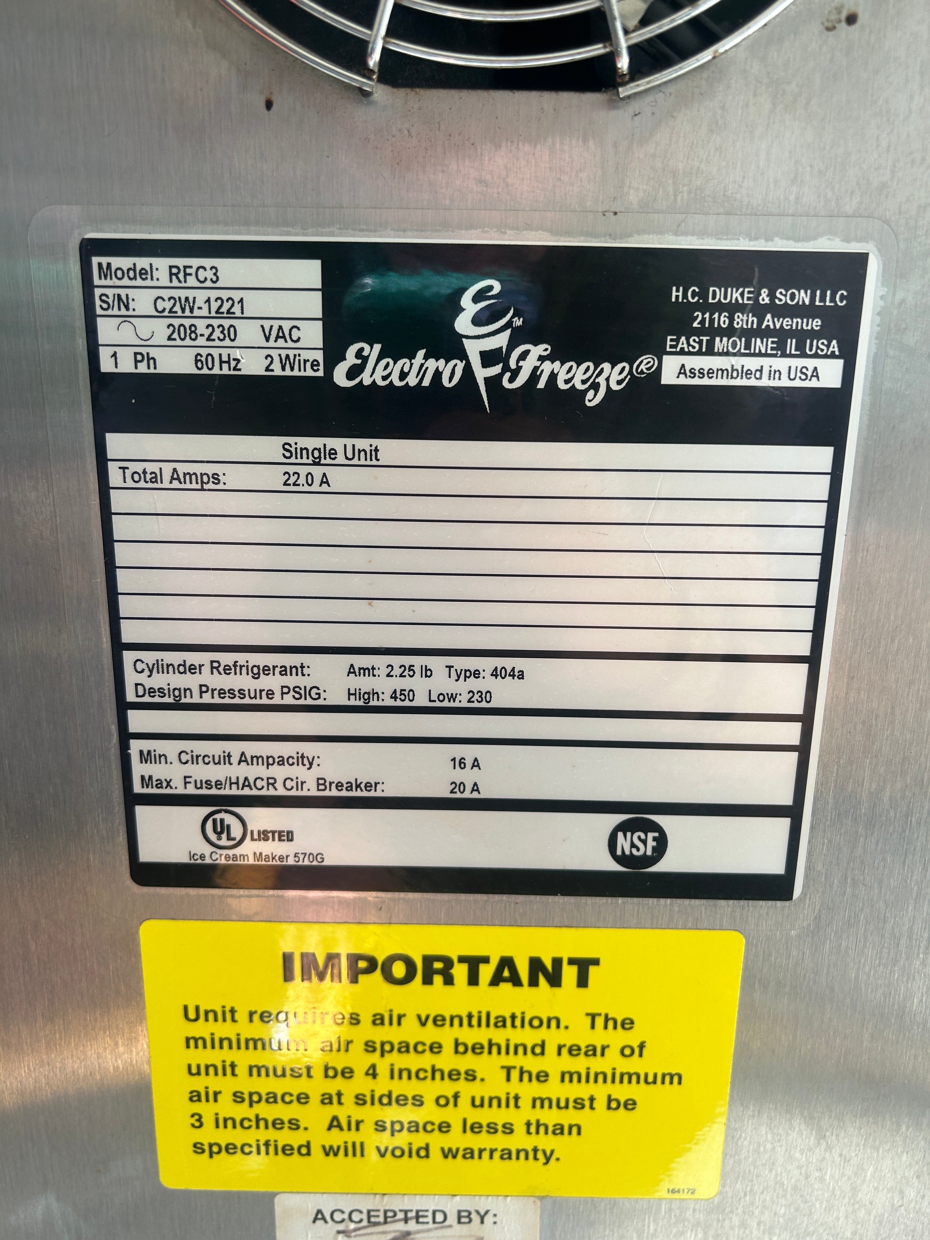 2017 Electrofreeze RFC3 12 quart Batch Freezer 1ph Water