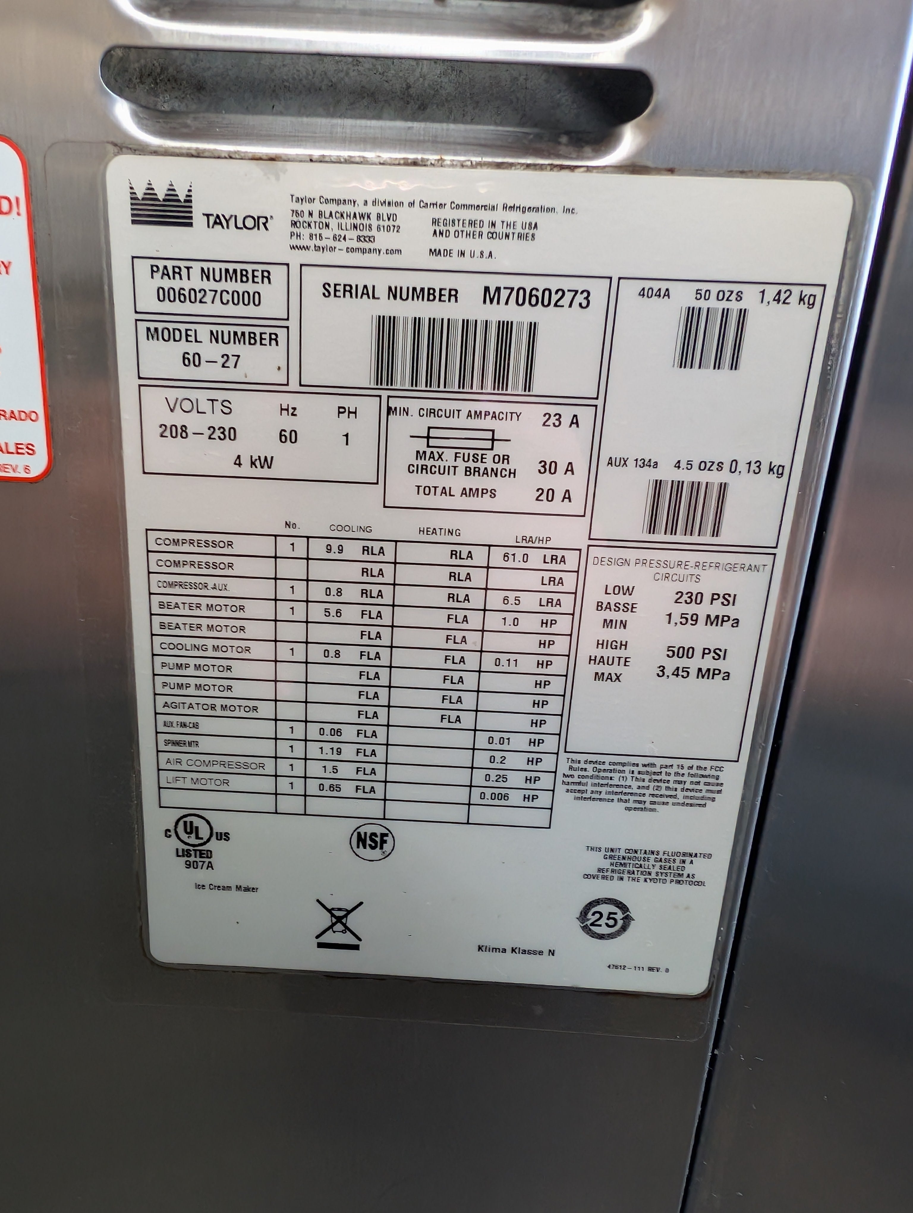 2017 Taylor 60-27 1ph Air Multi Flavor Shake Machine