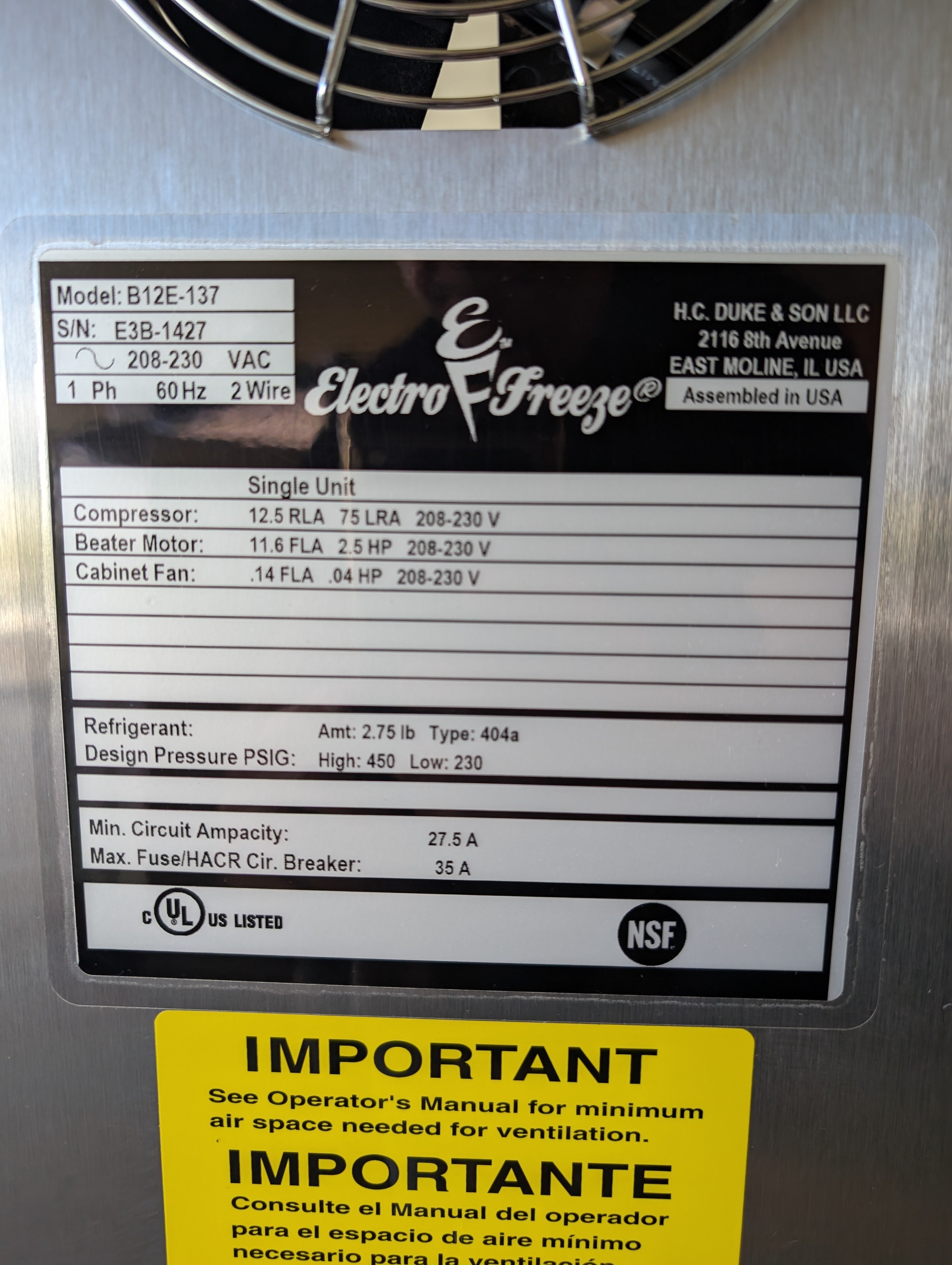 2019 Electro Freeze B12 1ph water 12qt batch freezer