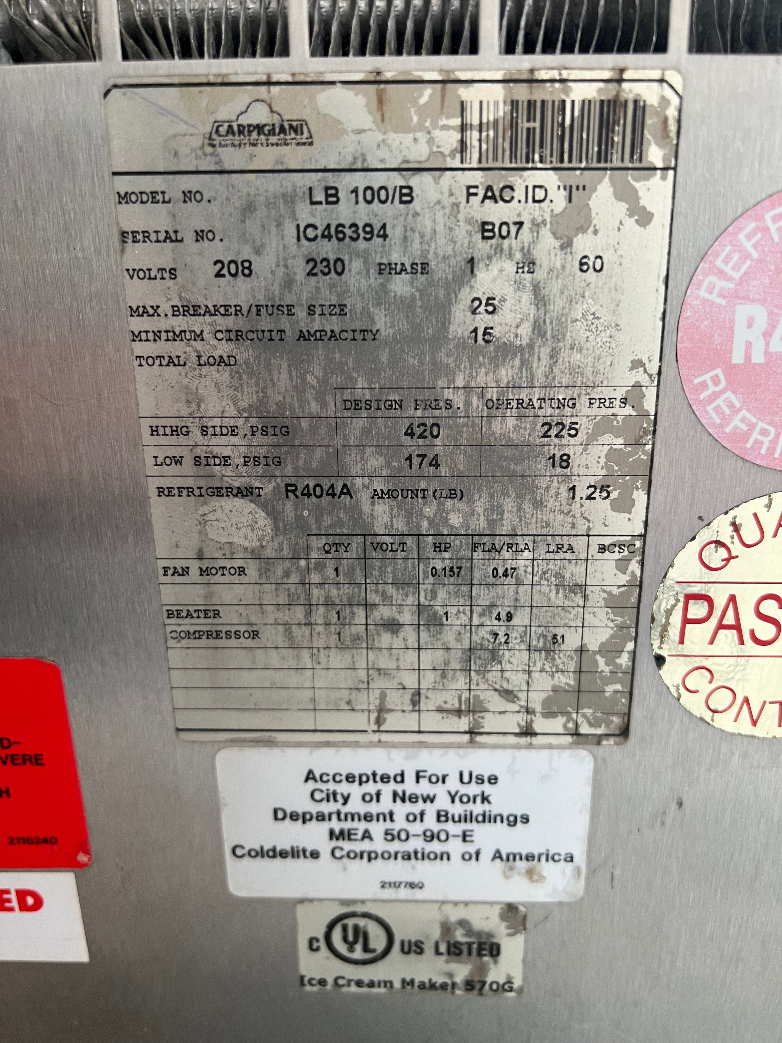 2007 Carpigiani LB100 Batch Freezer 1ph air