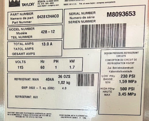 2018 Taylor 428 1ph air beverage machine