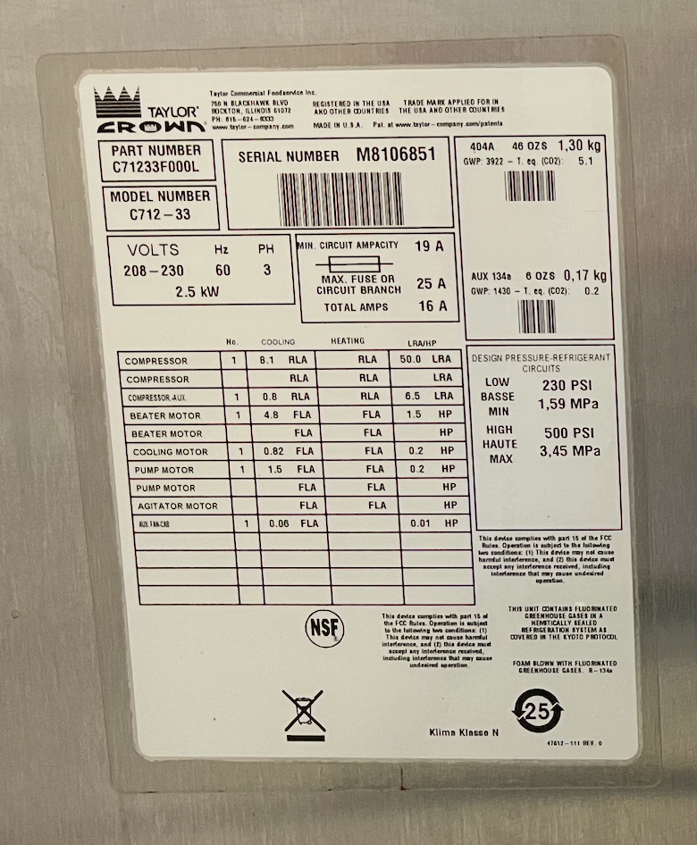 2018 Taylor C712-33 3 phase Air Cooled Pump Machine