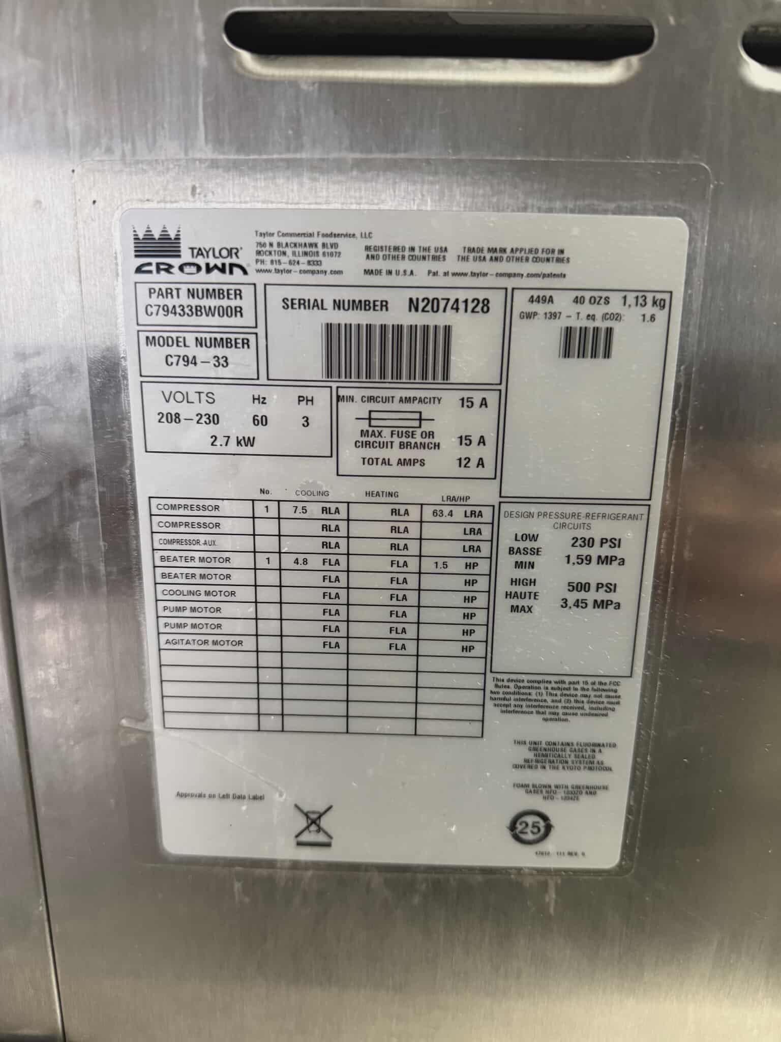 2022 Taylor C794-27 3ph air refurbished soft serve machine