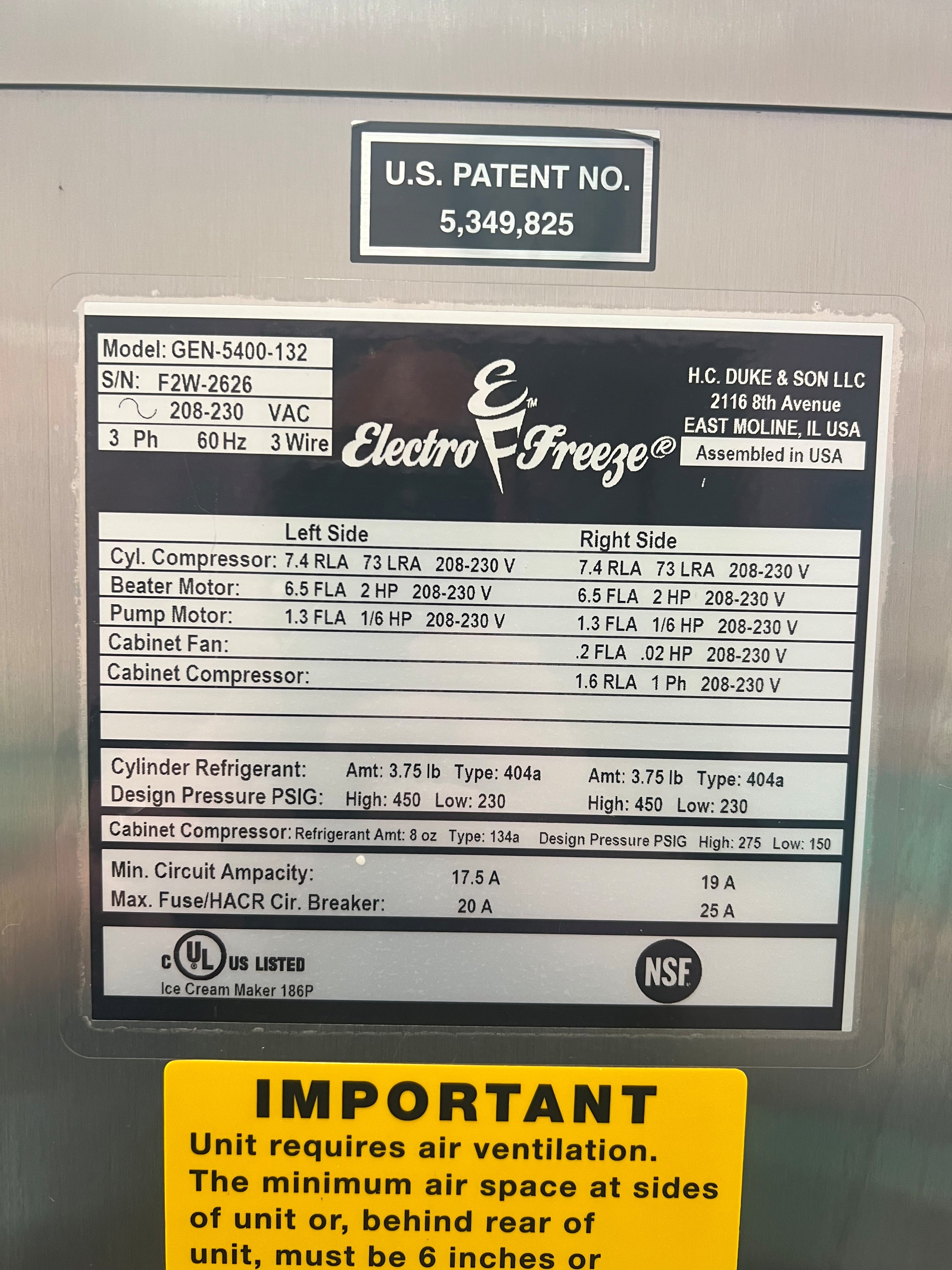 2017 Electrofreeze GEN-5400-132 3ph water High Volume Pump Machine 2 big compressors
