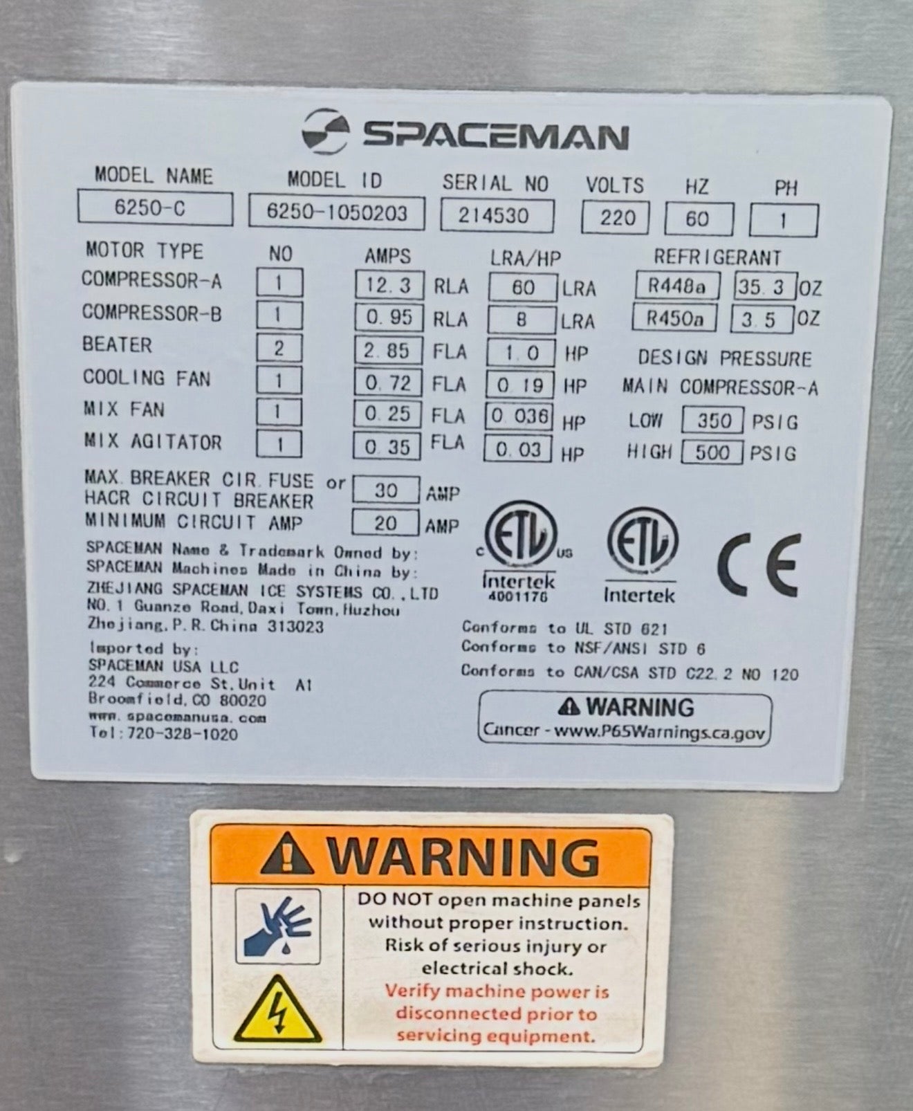 2021 Spaceman 6250C 1ph air Package of Four Machines