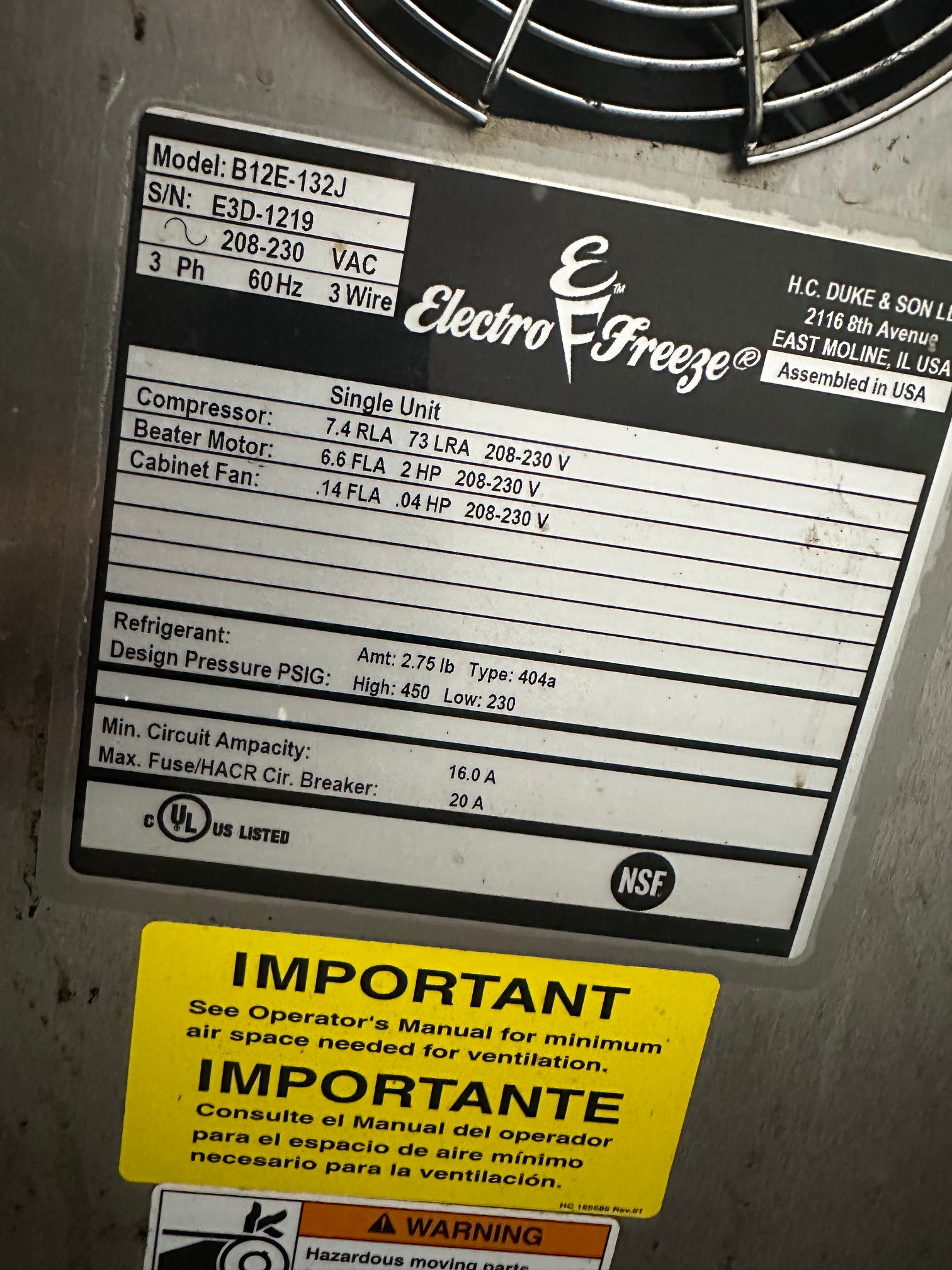 2021 Electro Freeze b12e-132j – Water Cooled – 3-Phase  E3D1217