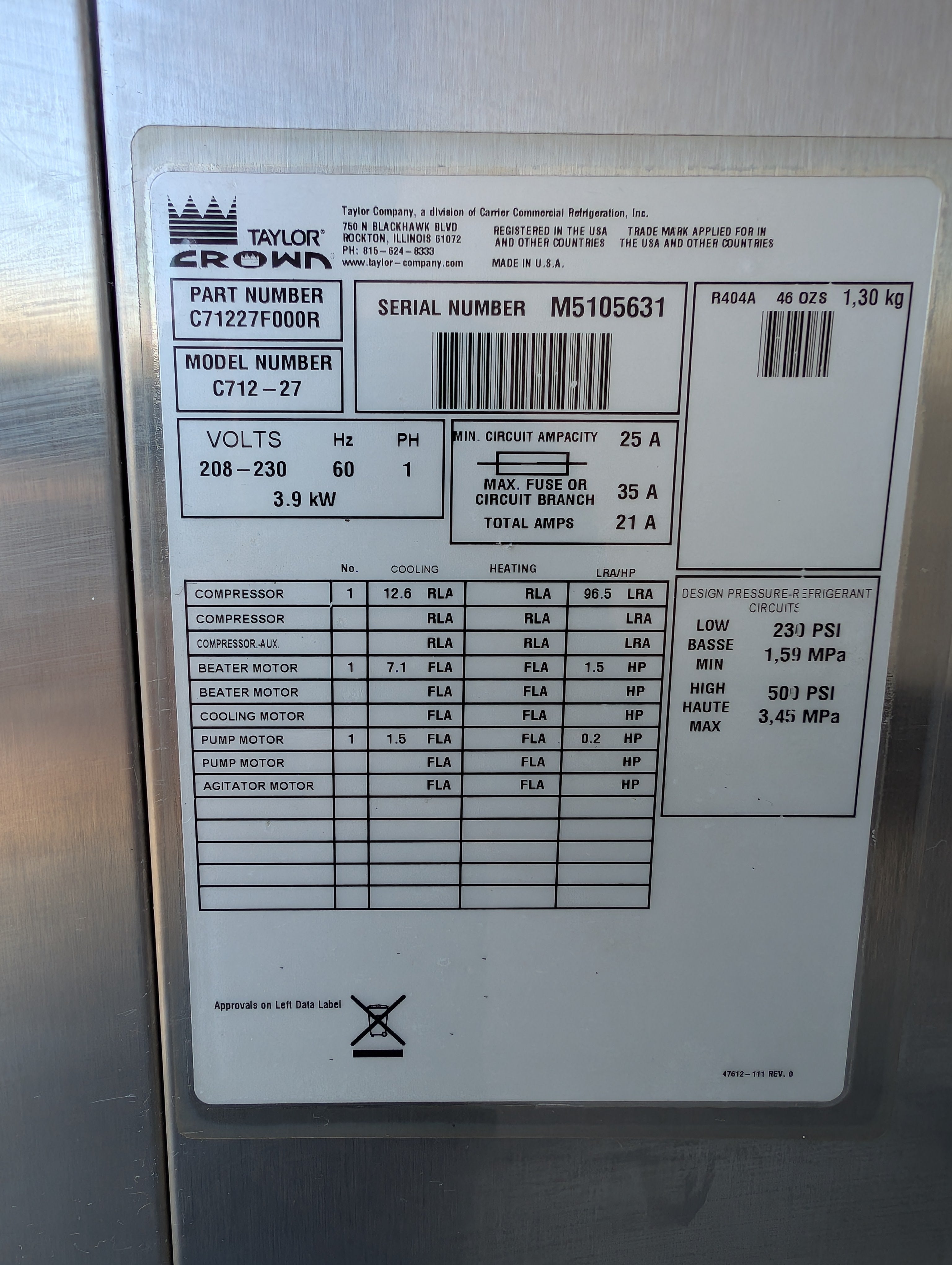 2015 Taylor C712-27 1ph air cooled Pump Machine