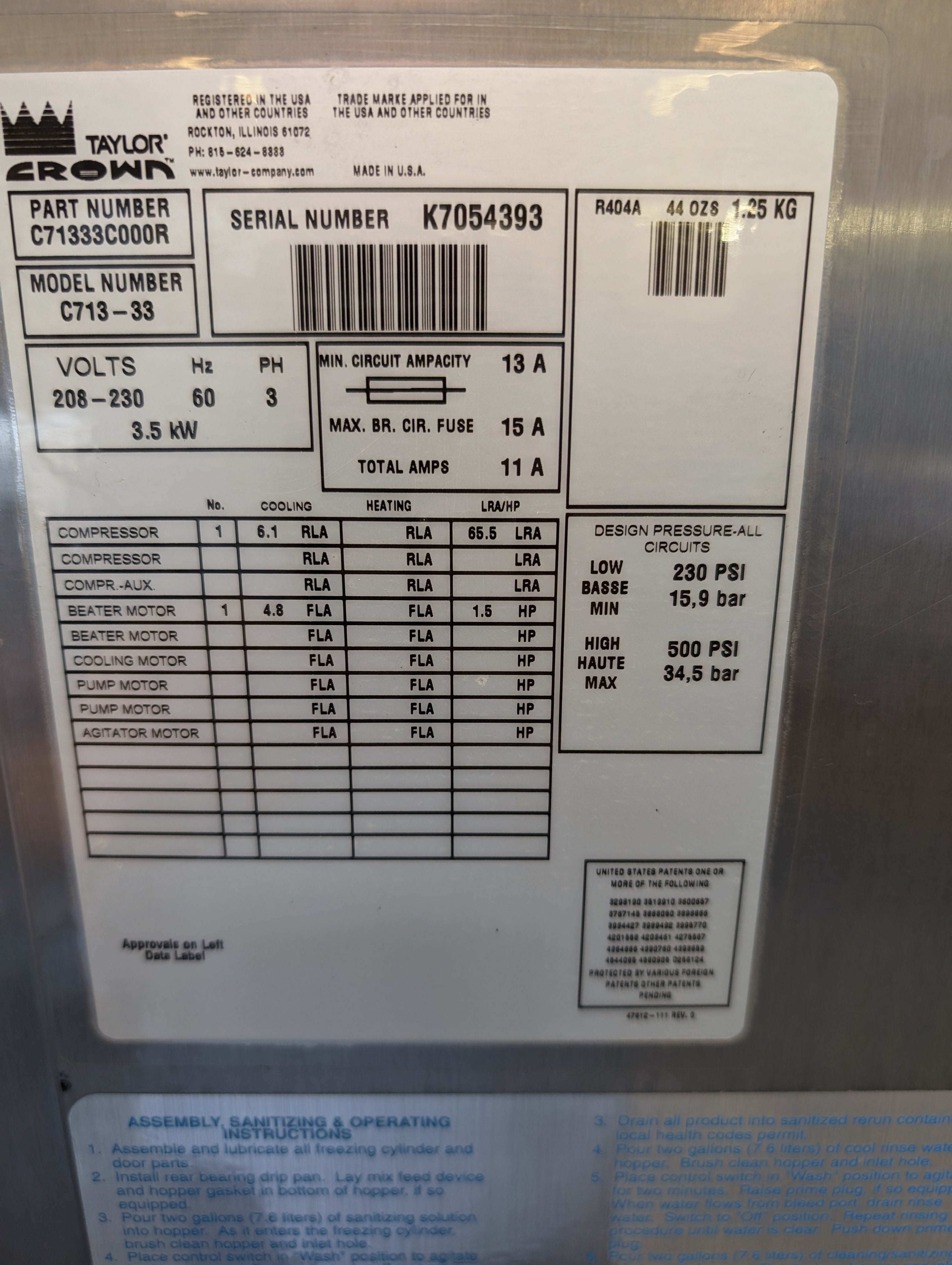 2008 Refurbished Taylor C713 3ph air cooled