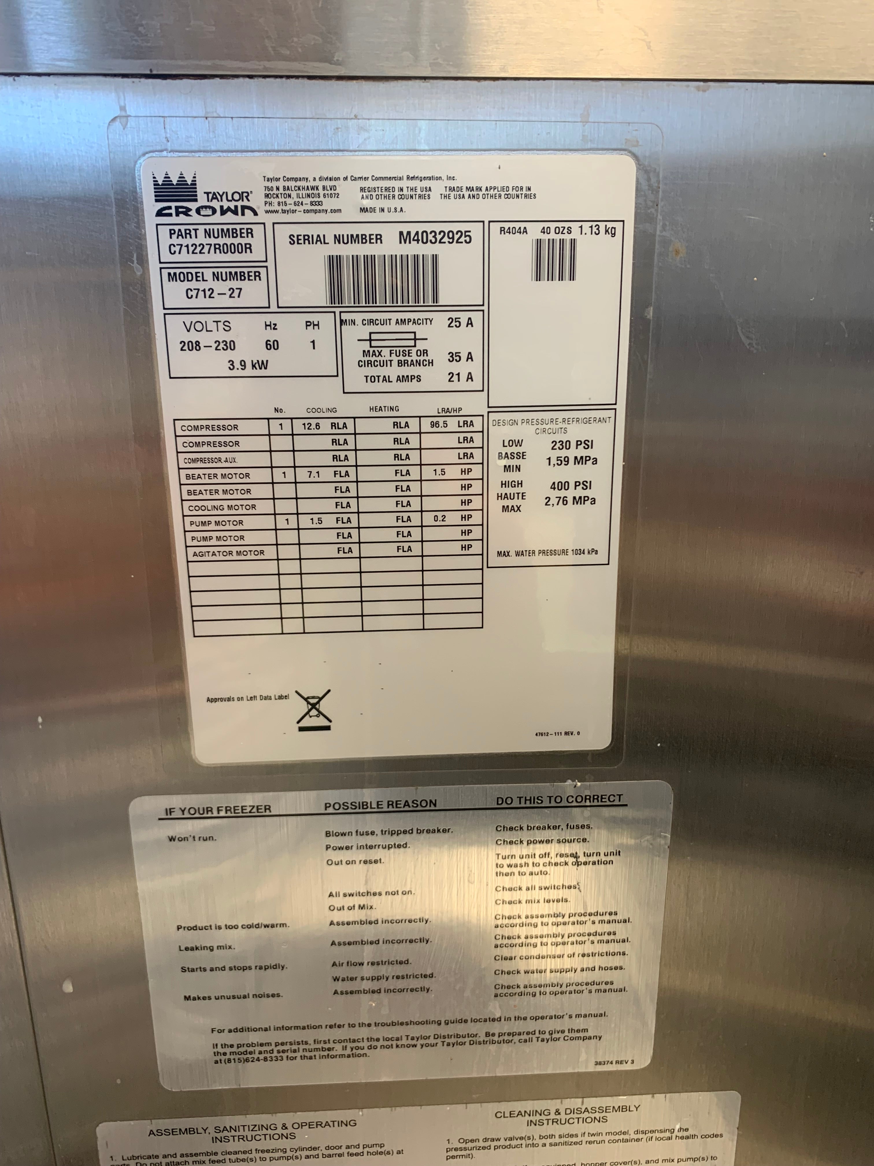2014 Taylor C712-27 1PH Water Cooled