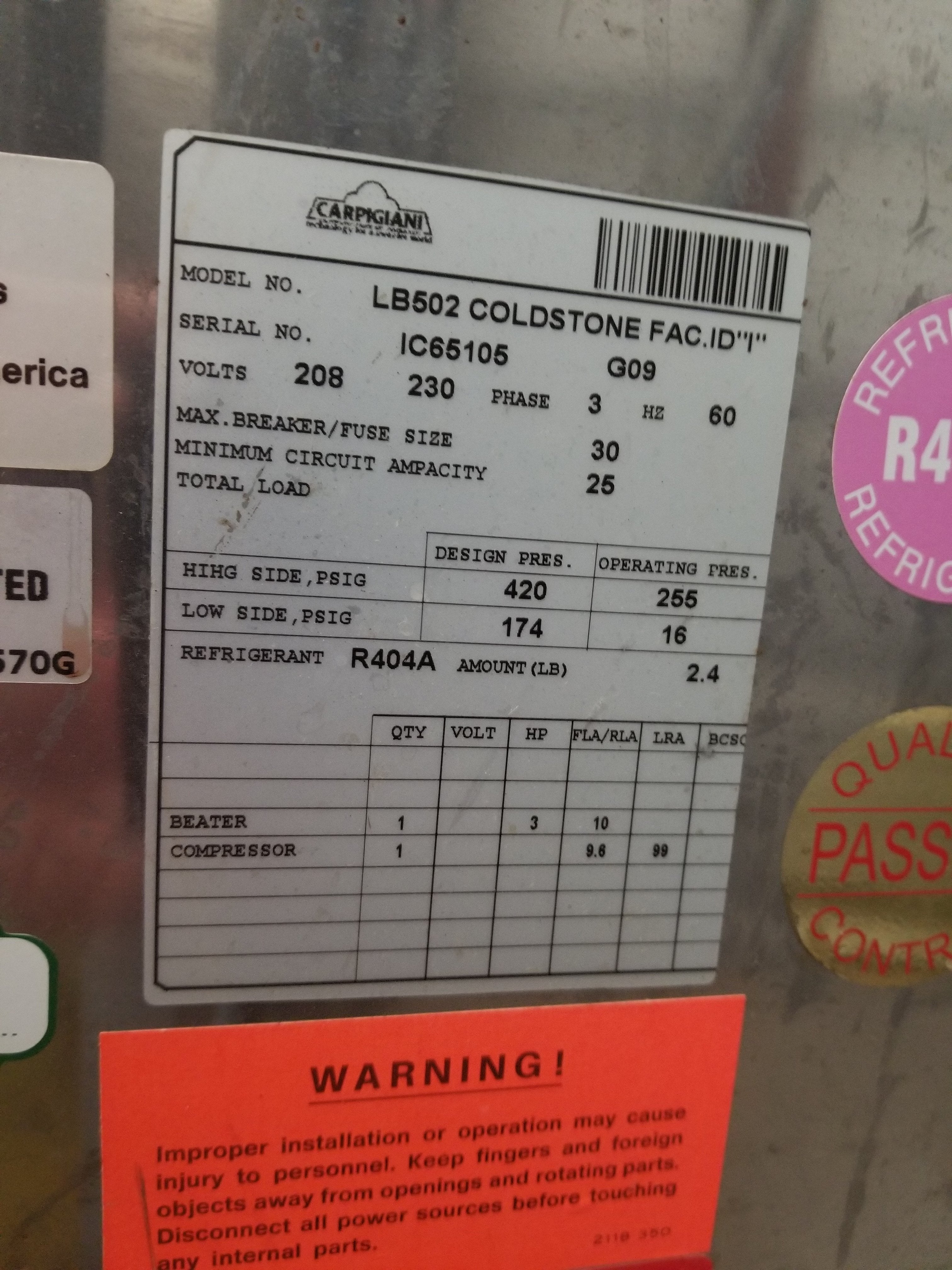 Carpigiani LB502 20 quart batch freezer 3 phase water - Batch Freezers - TurnKeyParlor.com
