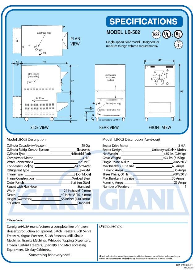 Carpigiani LB502 20 quart batch freezer 3 phase water - Batch Freezers - TurnKeyParlor.com