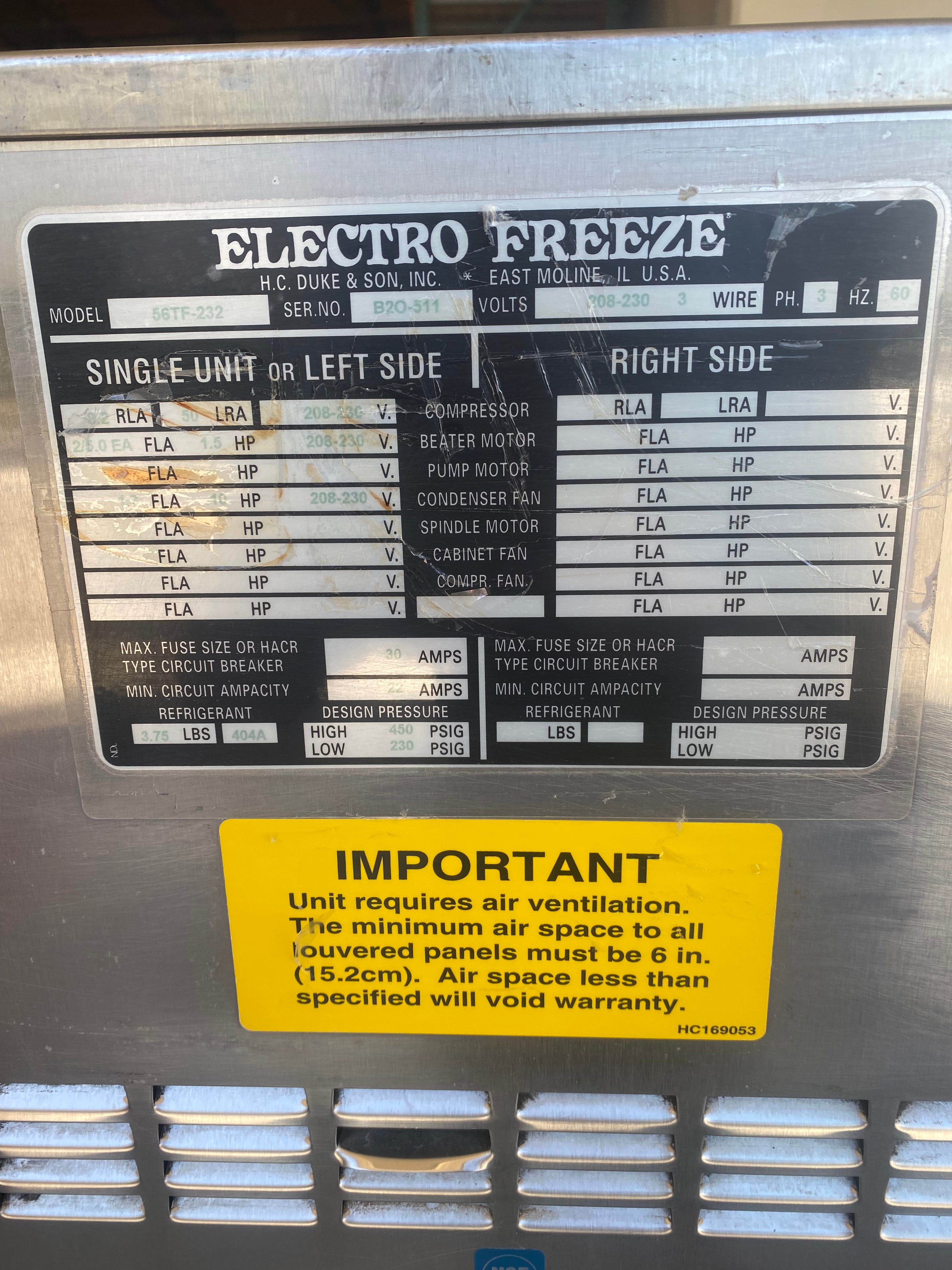 Electrofreeze 56TF-232 3 Phase Water Cooled Soft Serve Ice Cream Machine w/ Warranty